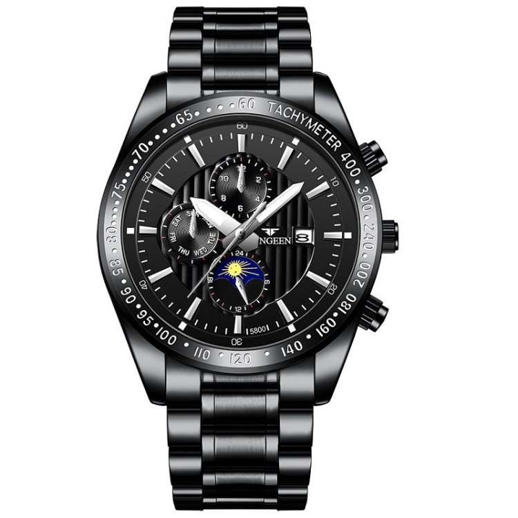 FNGEEN 5800 Men Three Eyes and Six Pins Watch Student Quartz Watch(Black Steel Black Surface)