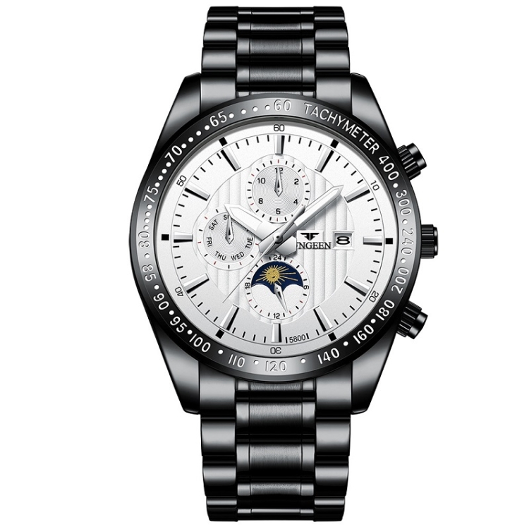 FNGEEN 5800 Men Three Eyes and Six Pins Watch Student Quartz Watch(Black Steel White Surface)