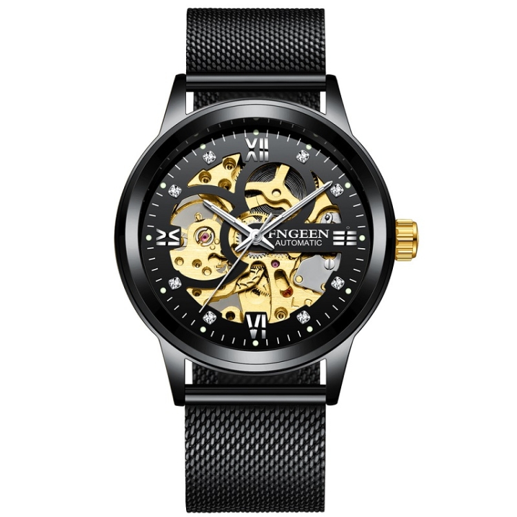 FNGEEN 6018 Men Automatic Mechanical Watch Waterproof Luminous Diamond Double-Sided Hollow Watch(Black Mesh Belt Black Surface)