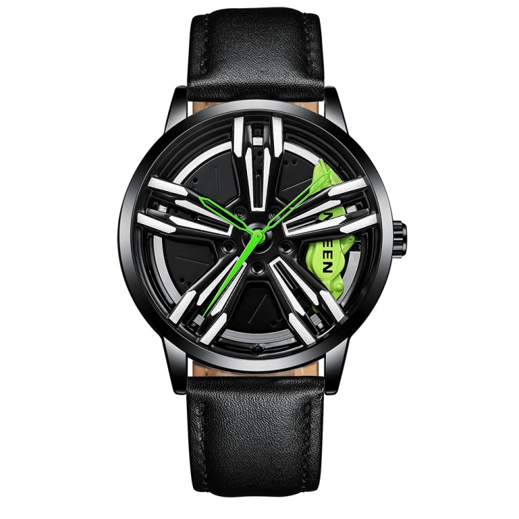 FNGEEN L001 Motorcycle Element Wheel Metal Men Watch(Black Leather Black Steel Green Surface)