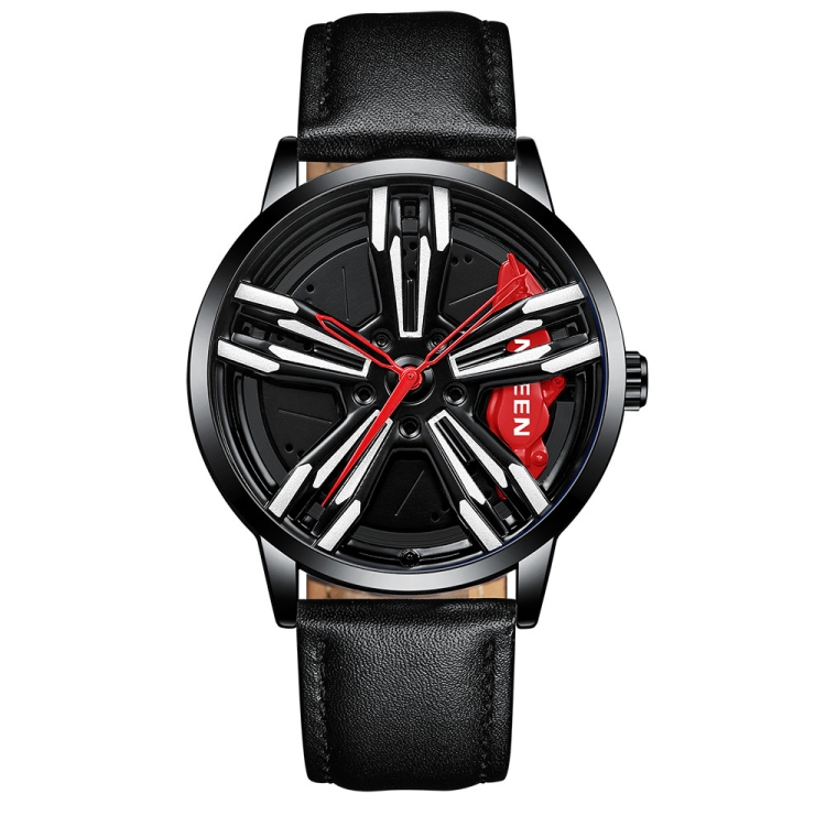FNGEEN L001 Motorcycle Element Wheel Metal Men Watch(Black Leather Black Steel Red Surface)