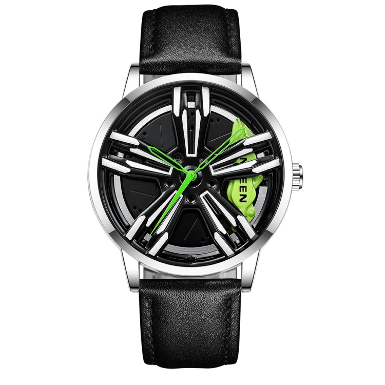FNGEEN L001 Motorcycle Element Wheel Metal Men Watch(Black Leather White Steel Green Surface)