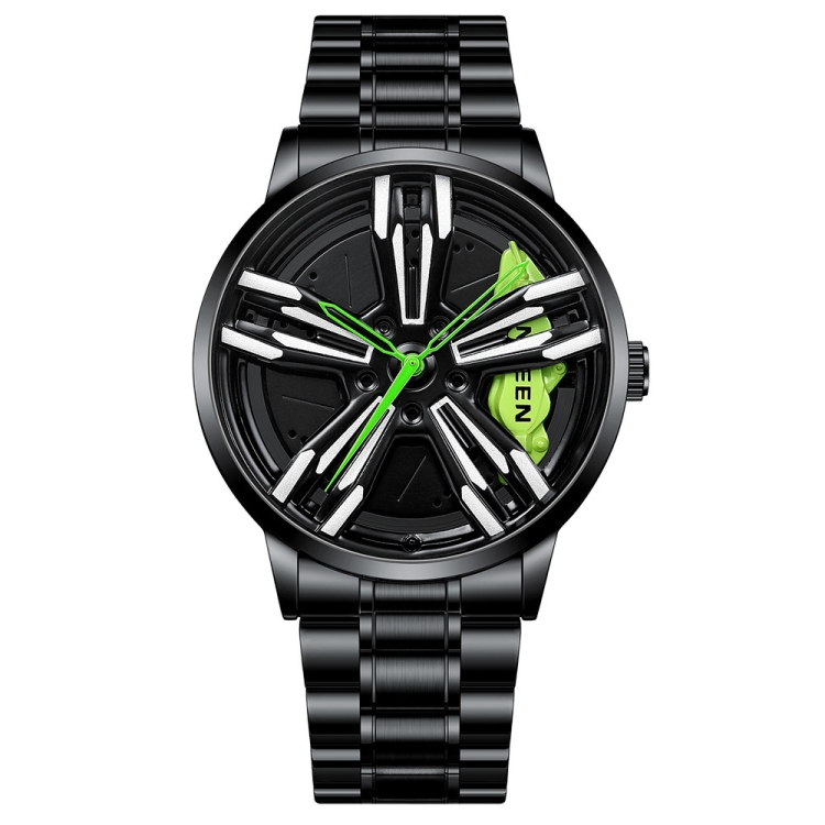 FNGEEN L001 Motorcycle Element Wheel Metal Men Watch(Black Steel Green Surface)