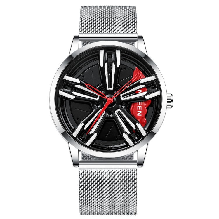 FNGEEN L001 Motorcycle Element Wheel Metal Men Watch(White Net White Steel Red Surface)