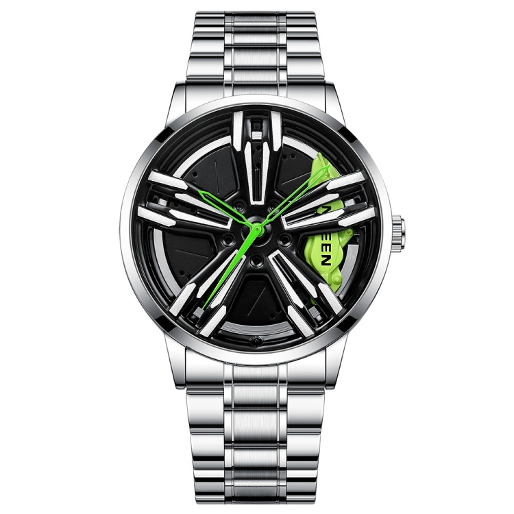 FNGEEN L001 Motorcycle Element Wheel Metal Men Watch(White Steel Green Surface)
