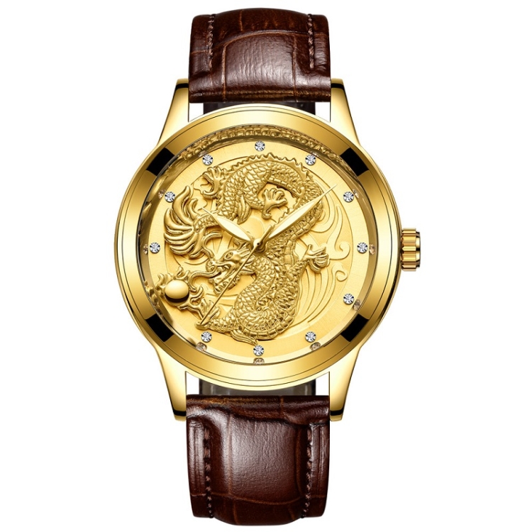 FNGEEN S666 Waterproof Luminous Watch Quartz Ultra-Thin Dragon Or Phoenix Pattern Couple Watch(Brown Leather Full Gold Golden Surface)