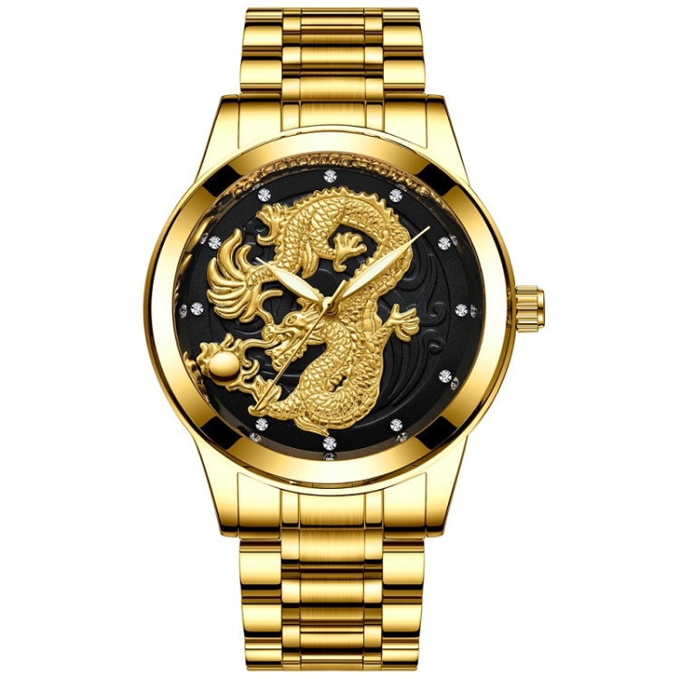 FNGEEN S666 Waterproof Luminous Watch Quartz Ultra-Thin Dragon Or Phoenix Pattern Couple Watch(Full Gold Black Surface)