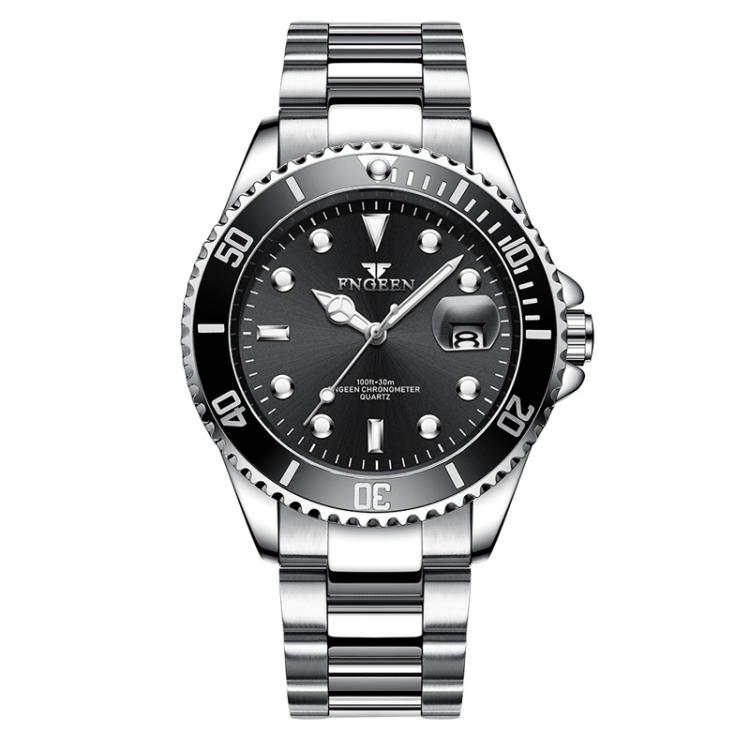 FNGEEN S925 Men Luminous Quartz Watch Sporty Steel Calendar Watch(White Steel-Black-Surface)