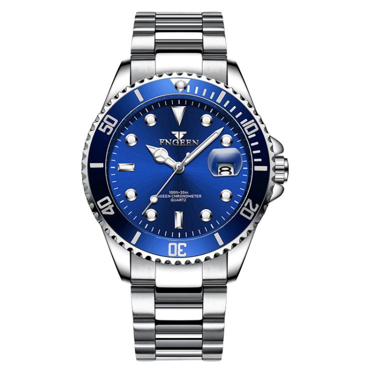 FNGEEN S925 Men Luminous Quartz Watch Sporty Steel Calendar Watch(White Steel-Blue Surface)