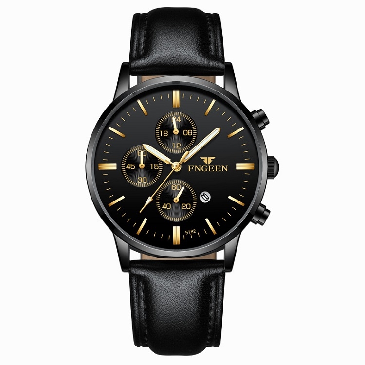 FNGEEN W5128 Men Three Eyes Subdial Luminous Quartz Watch Student Simple Watch(All Black Surface Golden Nails)