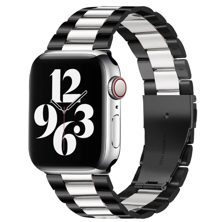Fold Buckle 3 Beads Stainless Steel Watch Band For Apple Watch Ultra 49mm&Watch Ultra 2 49mm / Series 10 46mm / 9&8&7 45mm / SE 3&SE 2&6&SE&5&4 44mm / 3&2&1 42mm (Black Silver)