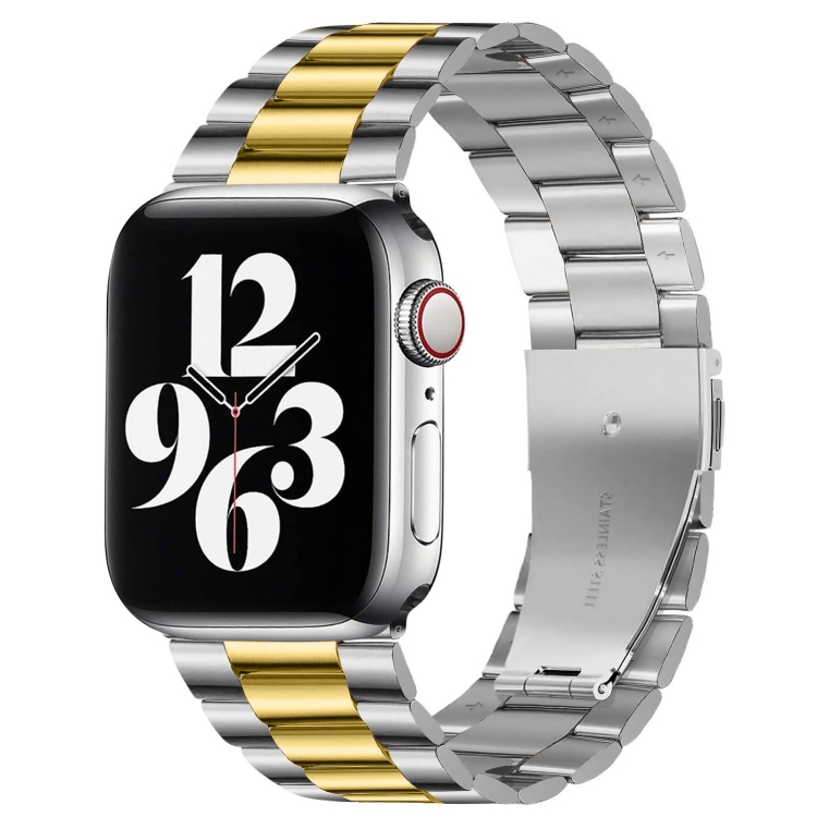 Fold Buckle 3 Beads Stainless Steel Watch Band For Apple Watch Ultra 49mm&Watch Ultra 2 49mm / Series 10 46mm / 9&8&7 45mm / SE 3&SE 2&6&SE&5&4 44mm / 3&2&1 42mm(Silver Yellow)