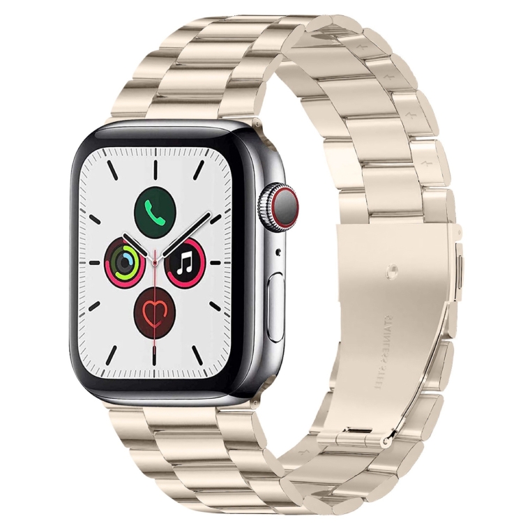 Fold Buckle 3 Beads Stainless Steel Watch Band For Apple Watch Ultra 49mm&Watch Ultra 2 49mm / Series 10 46mm / 9&8&7 45mm / SE 3&SE 2&6&SE&5&4 44mm / 3&2&1 42mm(Starlight)