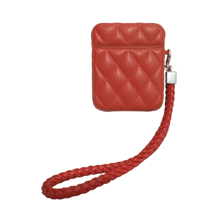For AirPods 1 / 2 Down Coat Texture PU Earbuds Box PC Case with Lanyard(Red)