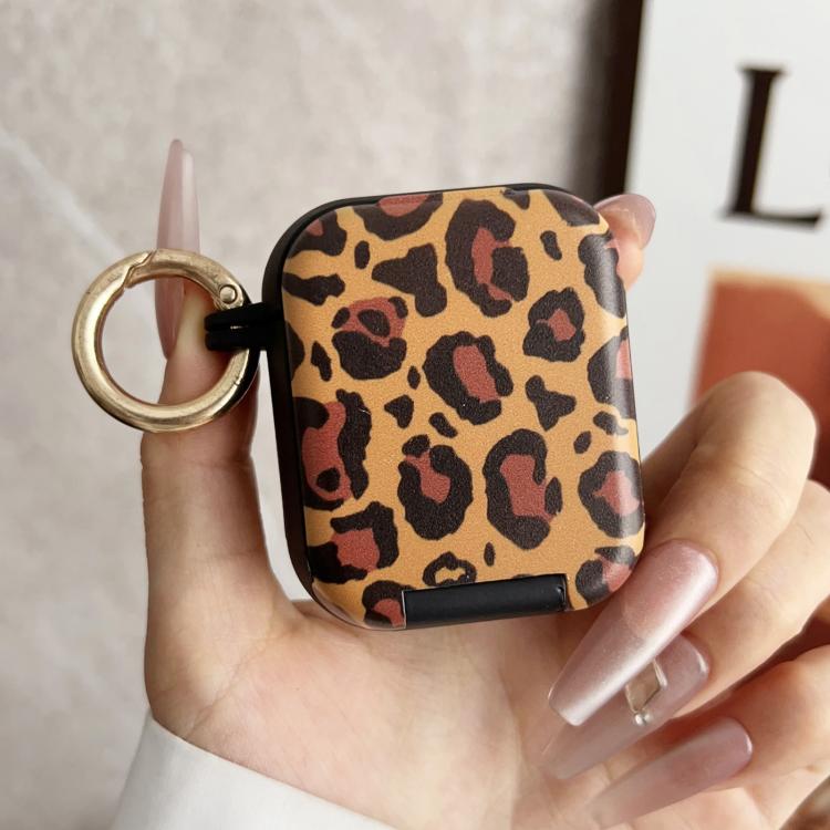 For AirPods 1 / 2 Leopard Print Folding Holder Earbuds Protective Case with Mirror(Black)