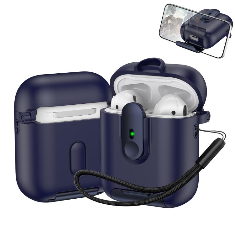 For AirPods 1 / 2 One-piece Holder Wireless Earphones Case with Lanyard(Dark Blue)