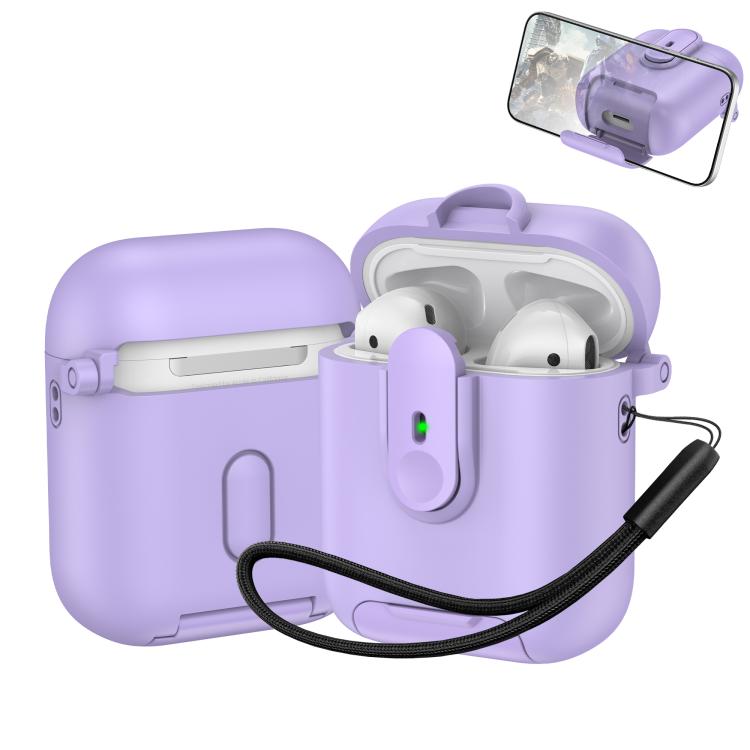For AirPods 1 / 2 One-piece Holder Wireless Earphones Case with Lanyard(Purple)