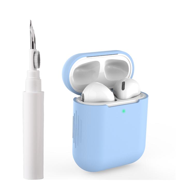 For AirPods 1 / 2 Silicone Buckleless Earphone Protective Case with Cleaning Pen(Sky Blue)