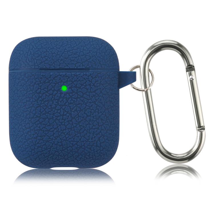 For AirPods 1 / 2 Simple Solid Color Litchi Texture Silicone Earphone Protective Case with Hook(Lake Blue)