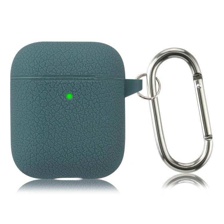 For AirPods 1 / 2 Simple Solid Color Litchi Texture Silicone Earphone Protective Case with Hook(Pine Green)