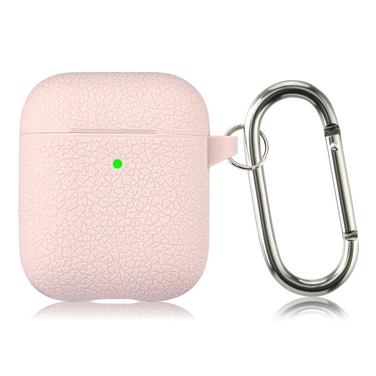 For AirPods 1 / 2 Simple Solid Color Litchi Texture Silicone Earphone Protective Case with Hook(Pink)