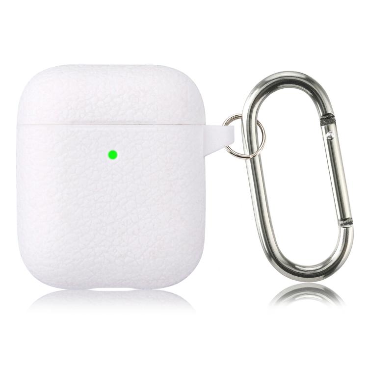 For AirPods 1 / 2 Simple Solid Color Litchi Texture Silicone Earphone Protective Case with Hook(White)