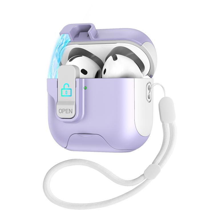 For AirPods 2 / 1 Automatic Pop-up Cover Holder Earphone Case with Switch Lock(White Purple)