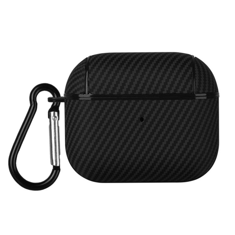 For AirPods 3 Carbon Fibre Texture PU Earbuds Box PC Case with Hook(Black)