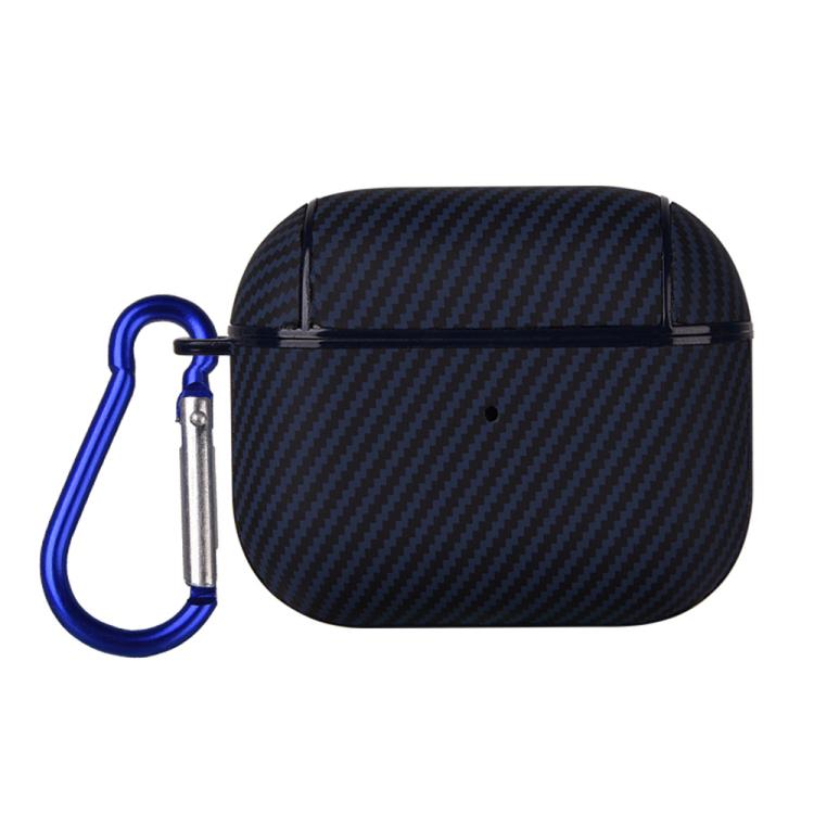 For AirPods 3 Carbon Fibre Texture PU Earbuds Box PC Case with Hook(Blue)
