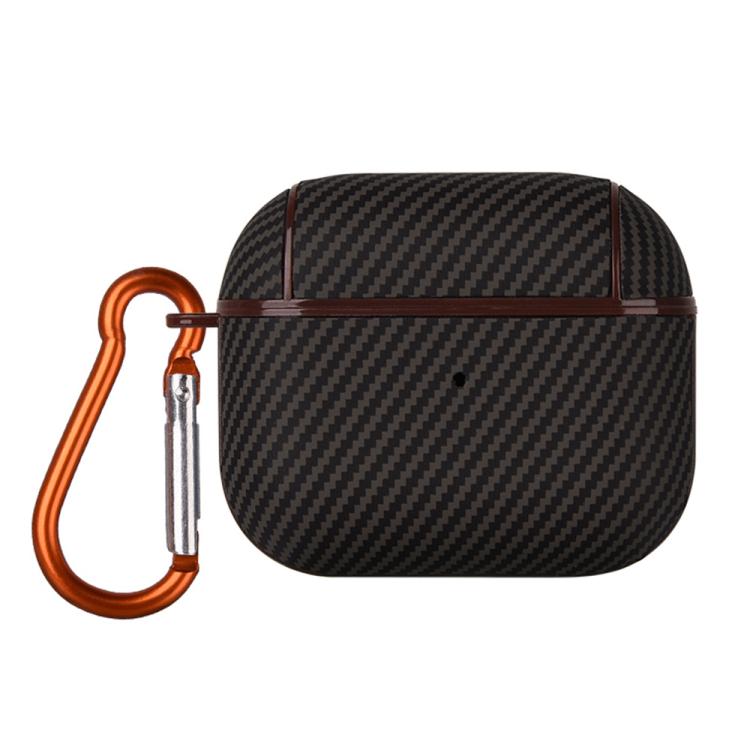 For AirPods 3 Carbon Fibre Texture PU Earbuds Box PC Case with Hook(Brown)