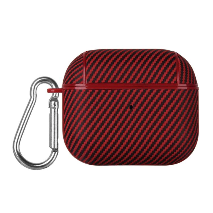 For AirPods 3 Carbon Fibre Texture PU Earbuds Box PC Case with Hook(Red)