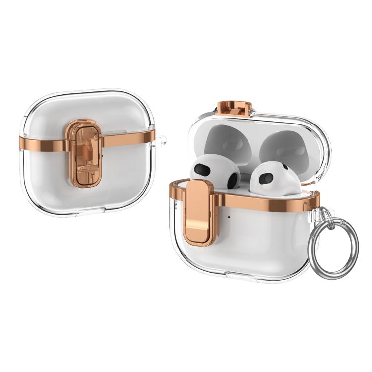 For AirPods 3 Electroplating Transparent Wireless Earphones Case with Security Lock(Champagne Gold)