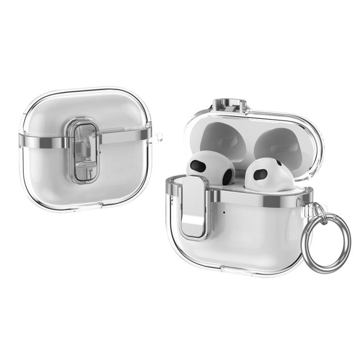 For AirPods 3 Electroplating Transparent Wireless Earphones Case with Security Lock(Silver)