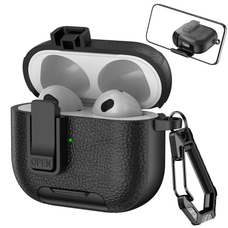 For AirPods 3 Leather Texture Wireless Earphones Case with Hook & Holder(Black)