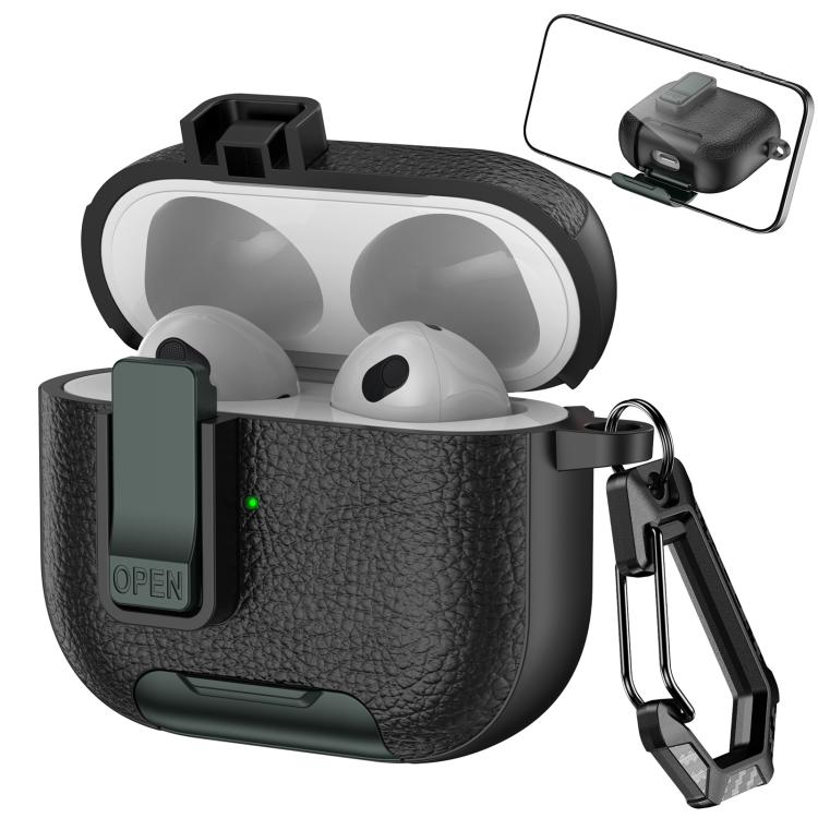 For AirPods 3 Leather Texture Wireless Earphones Case with Hook & Holder(Black Army Green)