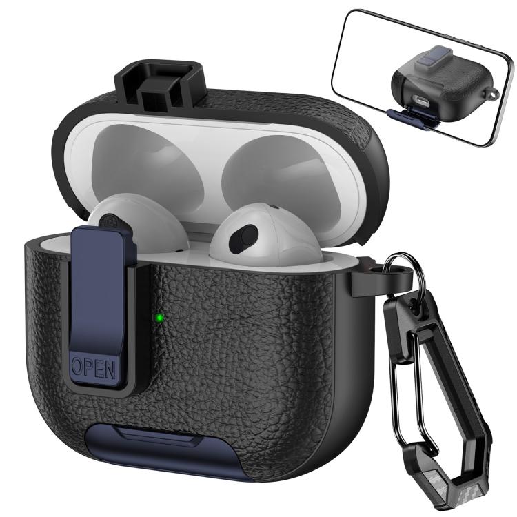 For AirPods 3 Leather Texture Wireless Earphones Case with Hook & Holder(Black Dark Blue)