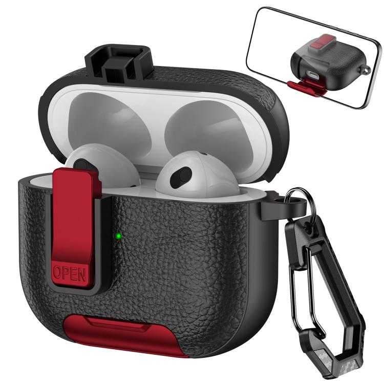 For AirPods 3 Leather Texture Wireless Earphones Case with Hook & Holder(Black Red)