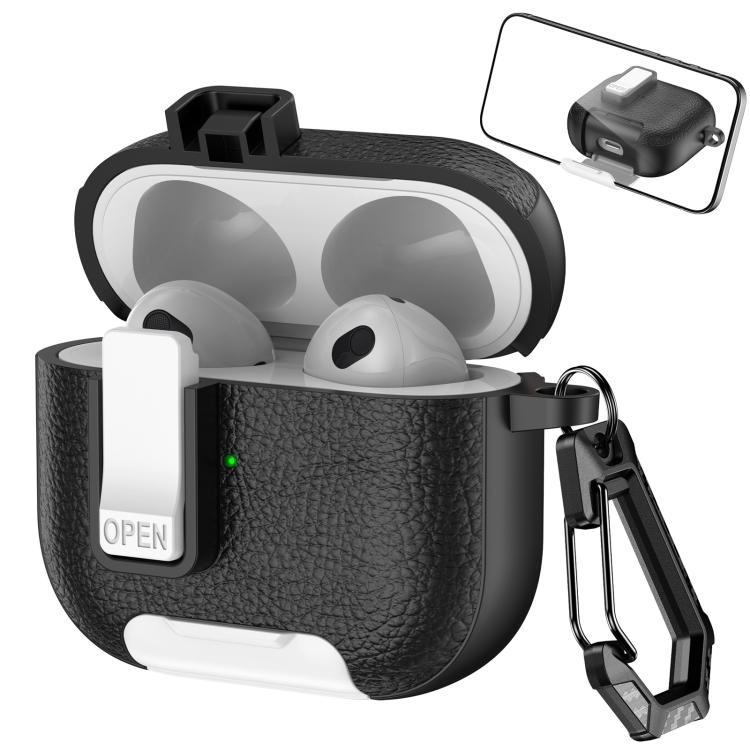 For AirPods 3 Leather Texture Wireless Earphones Case with Hook & Holder(Black White)