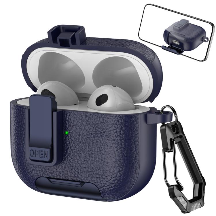 For AirPods 3 Leather Texture Wireless Earphones Case with Hook & Holder(Dark Blue)