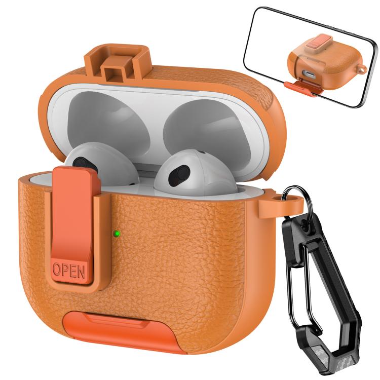 For AirPods 3 Leather Texture Wireless Earphones Case with Hook & Holder(Orange)