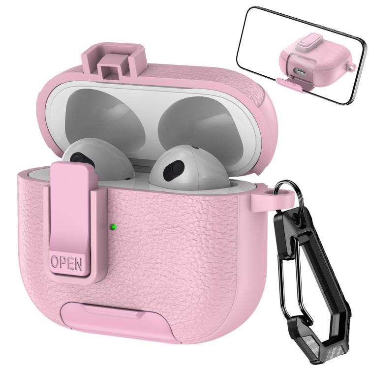 For AirPods 3 Leather Texture Wireless Earphones Case with Hook & Holder(Pink)