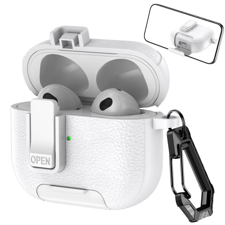 For AirPods 3 Leather Texture Wireless Earphones Case with Hook & Holder(White)