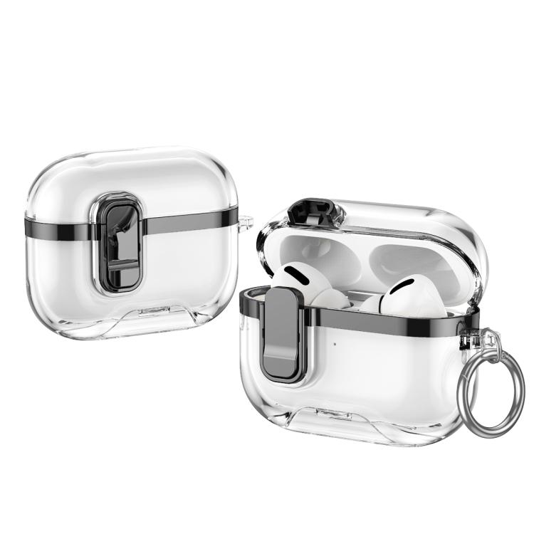 For AirPods Pro 3 Electroplating Transparent Wireless Earphones Case with Security Lock(Black)