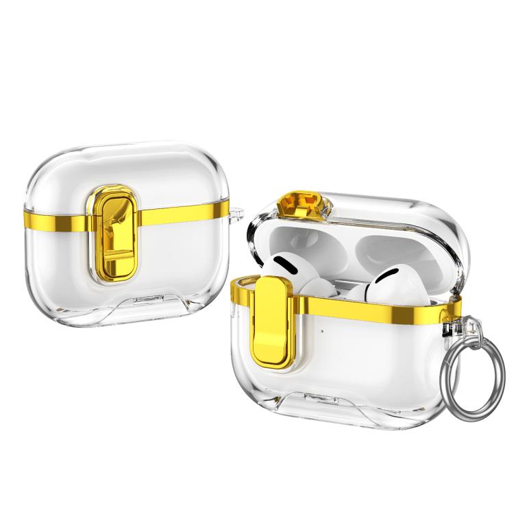 For AirPods Pro 3 Electroplating Transparent Wireless Earphones Case with Security Lock(Gold)