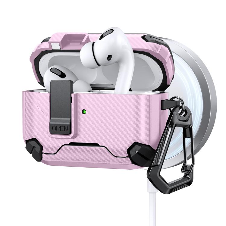 For AirPods Pro 3 Two Color MagSafe Magnetic Holder Carbon Fiber Pattern Earphone Case(Black Pink)