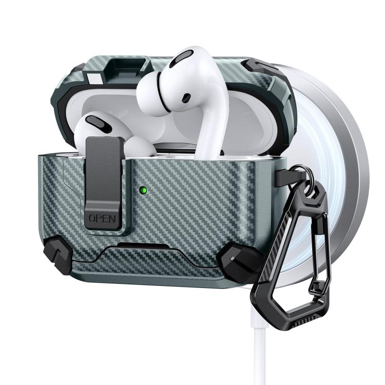 For AirPods Pro 3 Two Color MagSafe Magnetic Holder Carbon Fiber Pattern Earphone Case(Green)