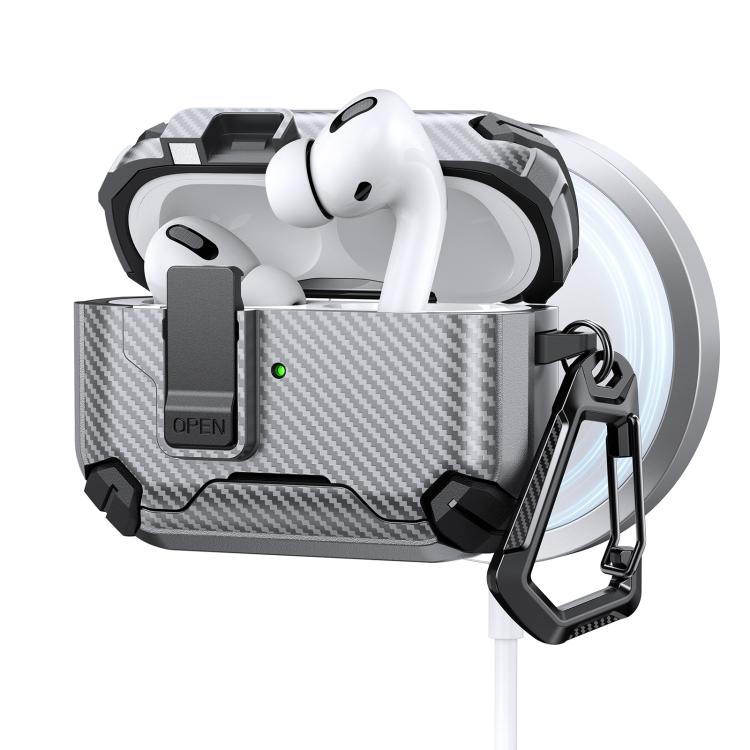For AirPods Pro 3 Two Color MagSafe Magnetic Holder Carbon Fiber Pattern Earphone Case(Grey)