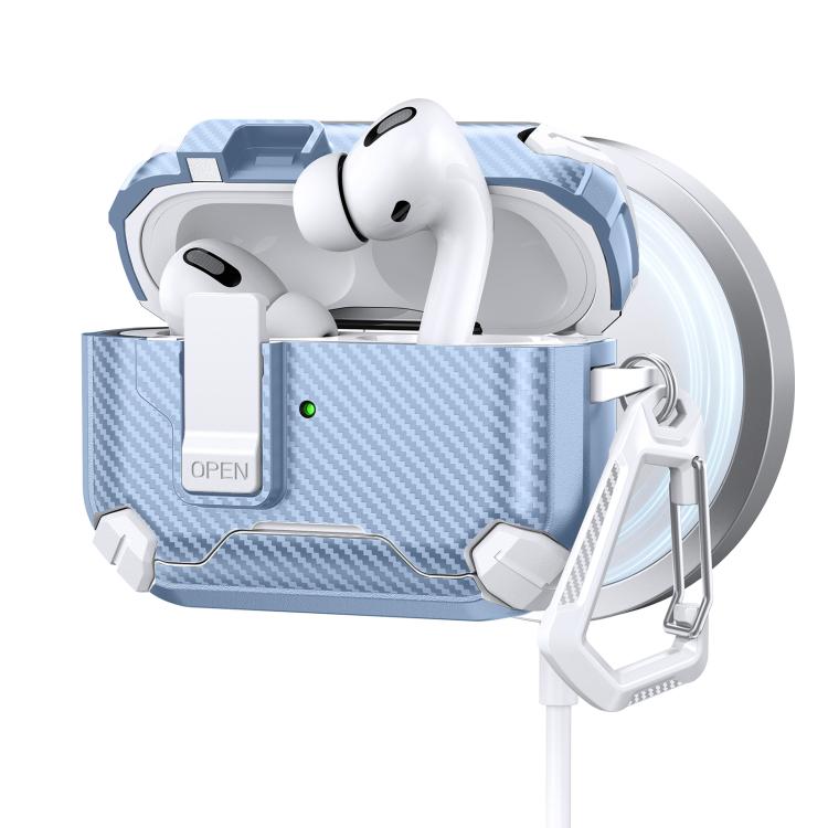 For AirPods Pro 3 Two Color MagSafe Magnetic Holder Carbon Fiber Pattern Earphone Case(White Light Blue)