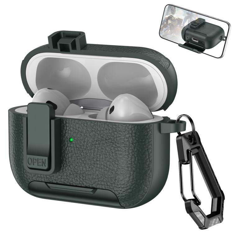 For AirPods Pro Leather Texture Wireless Earphones Case with Hook & Holder(Army Green)