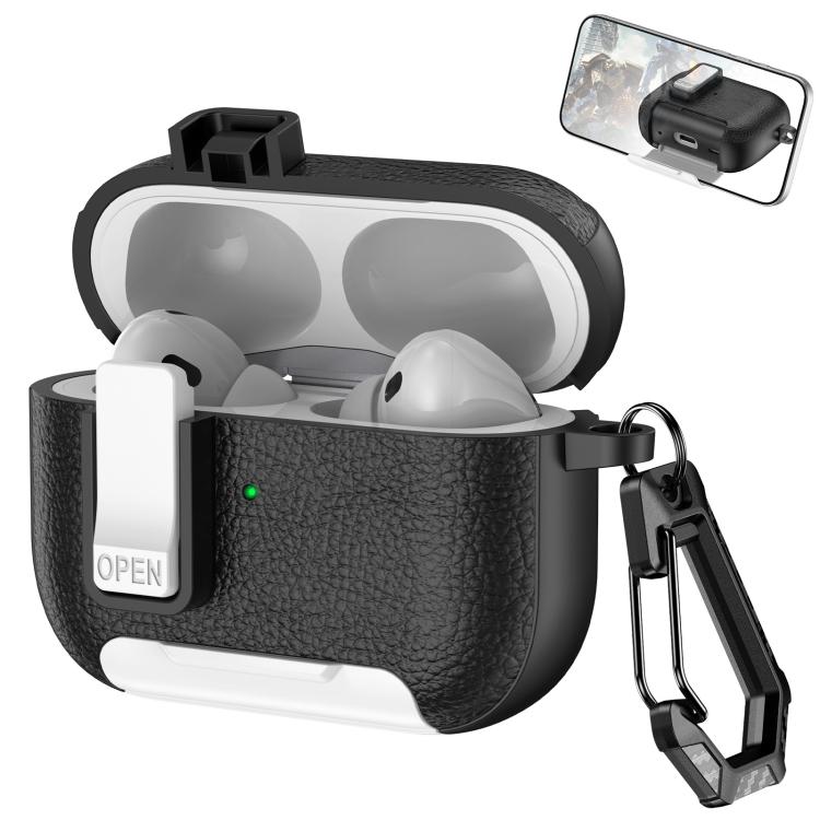 For AirPods Pro Leather Texture Wireless Earphones Case with Hook & Holder(Black White)